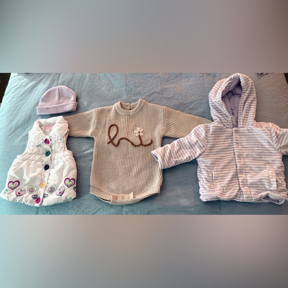 Baby Girl 12 mos Puffer Vest, Sweater Bodysuit, Knit Hat, Hooded Jacket BUNDLE
